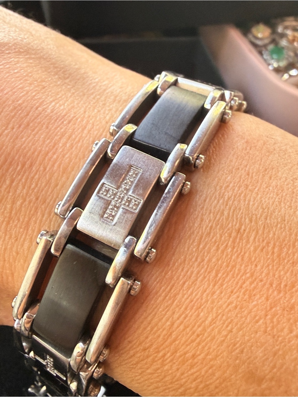 VTG Cross Link Bracelet in Black and Silver Stainless Steel Diamond